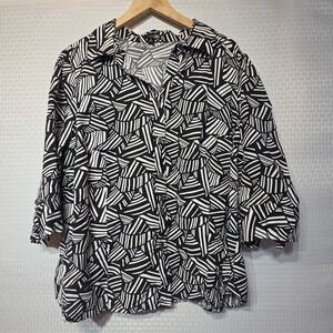 East 5th Woman Black White Abstract Button Front Shirt 2X Linen Rayon Top
